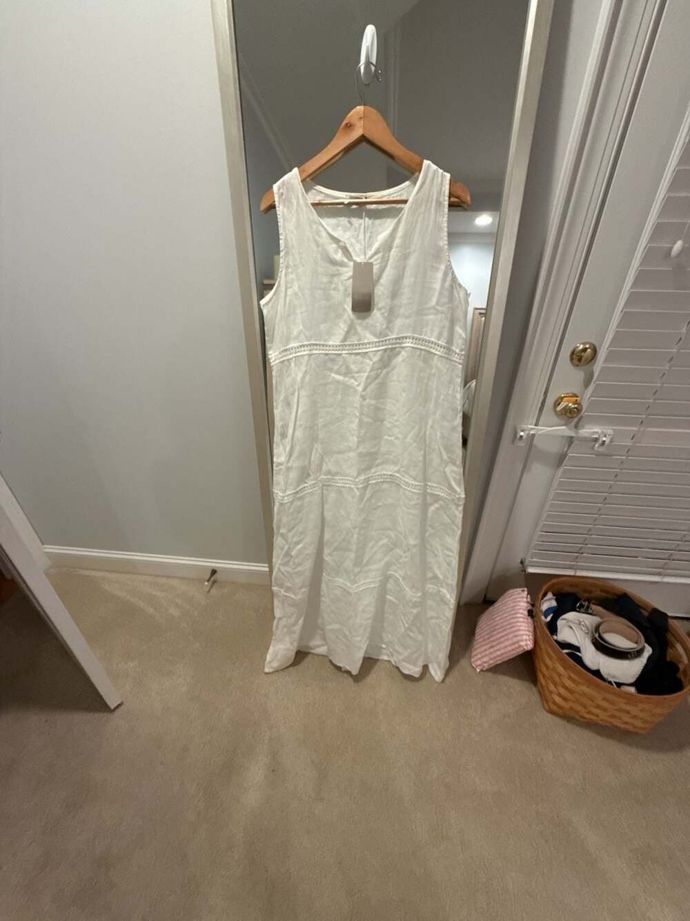 Bellambra Pure Linen White Sleeveless Tiered Maxi Dress with Crochet Trim Size L